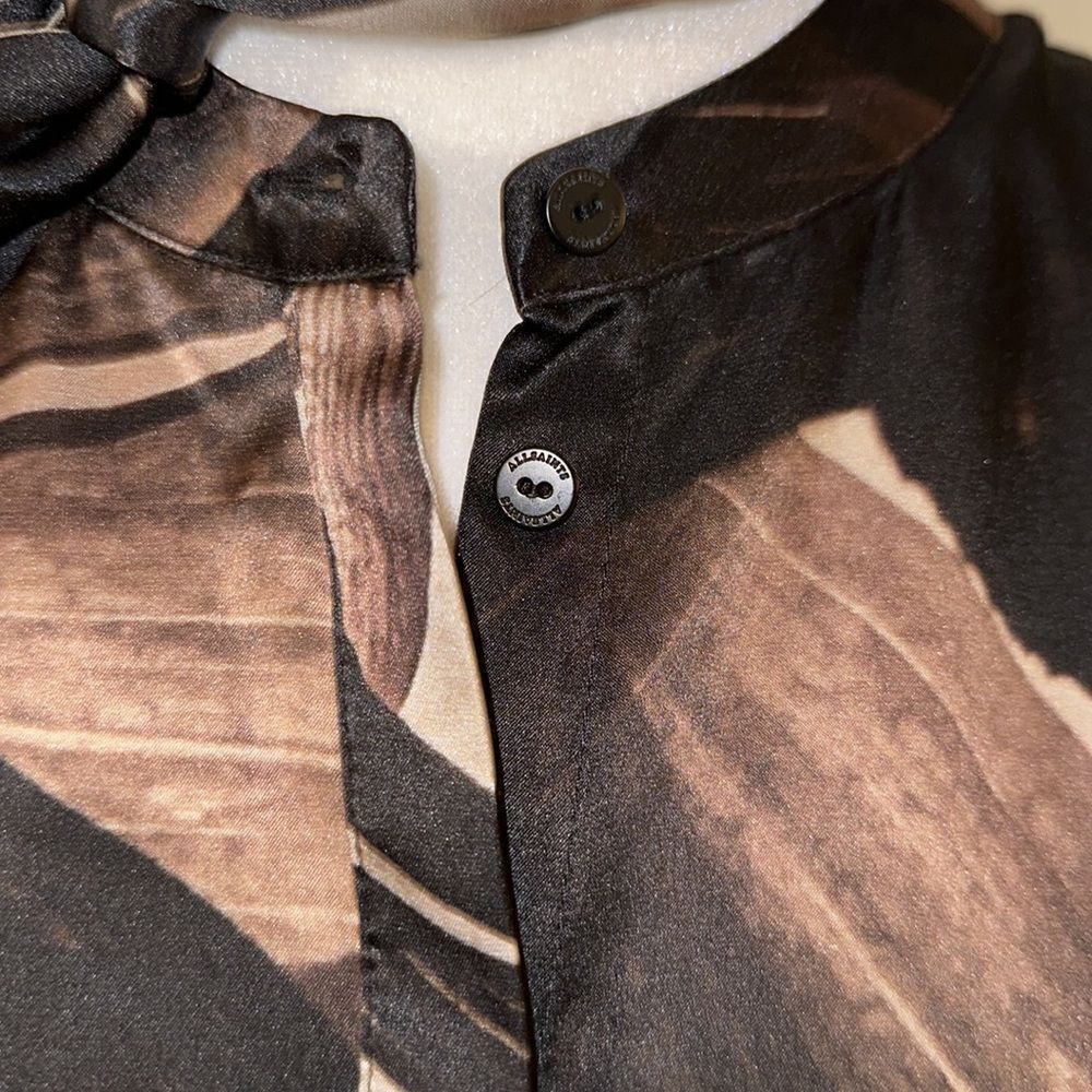 All Saints Black Satin Abstract Floral Tie-Neck Blouse with Bronze Accents - Picture 16 of 16